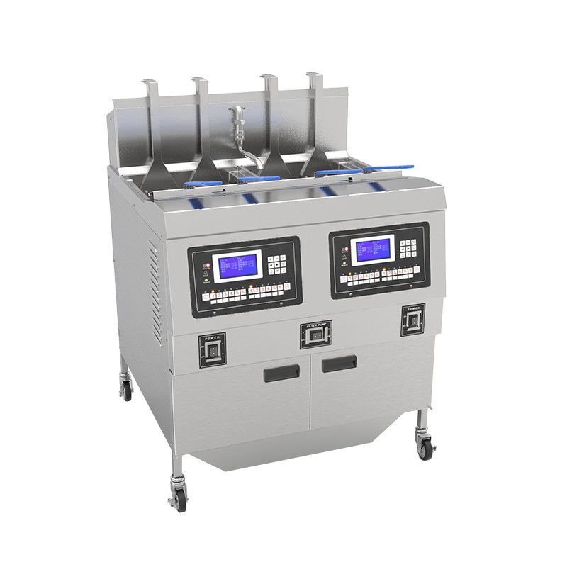 Auto Lift&amp;Down Twee potten Vier manden met oliefiltratie Elektrische verwarming Chips Open Deep Fryer